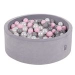 KiddyMoon Soft Ball Pit Round 90X30cm/200 Balls ∅ 7Cm / 2.75In For Kids, Foam Velvet Ball Pool Baby Playballs, Made In EU, Grey Mountains:Pearl/Grey/Transparent/Powder Pink