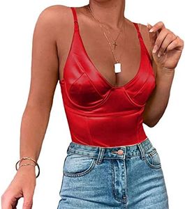 Velius Women's Sexy Deep V Neck Shiny Thong Bodysuit Tank Tops with Underwire (Red, Large)