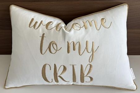 Rudransha Welcome to My Crib Embroidered Lumbar Accent Throw Pillow Cover - Nursery Decor - 12x18, Ivory-Beige