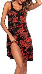 Ekouaer Womens Nightgown Sleeveless Sleepwear V Neck Racerback Sleep Dress, Charcoal/Red Print, Small