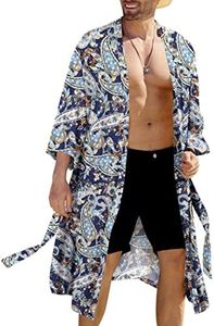 Coofandy Men's Lightweight Kimono Robe Japanese Bathrobes Open Front Long Cardigan Cloak with Belt, Blue (Paisley Print), Large