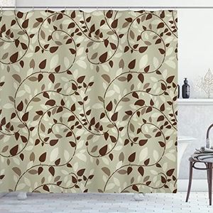 Ambesonne Cortina de ducha de hojas, patrón con vides, hojas, naturaleza, ramas curvas, plantas, jardín, arte ilustrado floral, juego de decoración de baño de tela con ganchos, 69 pulgadas de ancho x