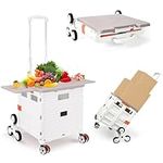 Foldable Utility Cart with Stair Climbing Wheels,Collapsible Rolling Crate with Magnetic Lid Telescopic Cover,Telescoping Handle,360° Rotate Wheel Hand Cart for Teacher Shopping Moving(Milky White)