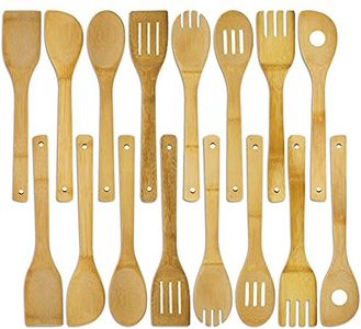 DEAYOU 16 PCS Bamboo Kitchen Utensils, Wood Spoons Spatula Set for Cooking, Nonstick Natural Cooking Utensils for Cookware, Wok, Everyday Use, Mothers Day Gifts, Housewarming Gifts
