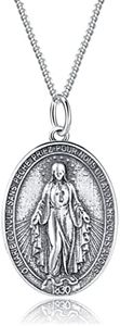 Rnivida 925 Sterling Silver Miraculous Medal Necklace, Catholic Virgin Mary Marie Concue Sans Peche Oval Pendant Necklace for Women
