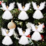 WIOR 6 Pack 7.5Inch Angel Christmas Ornaments with White Feather Wings for Christmas Tree Decoration, Hanging Angel Pendants Xmas Tree Topper Figurine for Home Holiday Party Wedding Christmas Decor