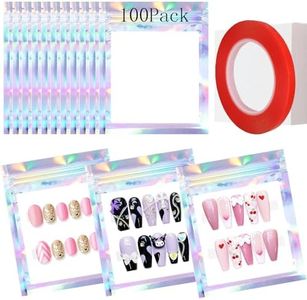 Yazabai 100PCS Empty Holographic Nail Storage Bag Press on Nail Packaging Bag and 100PCS Shiny white cardboard Nail Tips Packaging Bags with 1 Roll Transparent Tape