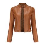 YYNUDA Women's Stylish Faux Leather Jacket With Rivets Zip Up Motorcycle Short PU Moto Biker Outwear Fitted Slim Coat Brown L