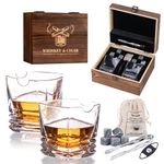 Whiskey Glasses Gift Set of 2, Old Fashioned Crystal Square Whiskey Glass, Whiskey Stone, Tongs, Velvet Pouch and Cutter, Great Gifts for Dad, Husband, Gifts for Men