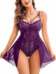 LOURYN KOULYN® Babydoll Lingerie for Women with G-String Panties Floral Snap Crotch Teddy Chemise Nightie Lace Nightgown (Free Size, Purple)