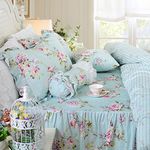 FADFAY Farmhouse Bedding Duvet Cover Set Shabby Blue Floral Vintage Floral Print Bedspread Elegant French Country Style with Ruffle 4 Pcs Queen Size