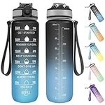 Invool Sports Water Bottle, 1 Litre Water Bottle with Straw & Time Markings, BPA Free, Leakproof & Secure Locking Lid, Tritan Plastic Drink Bottle for School/Cycling/Camping/Running (Black Blue)