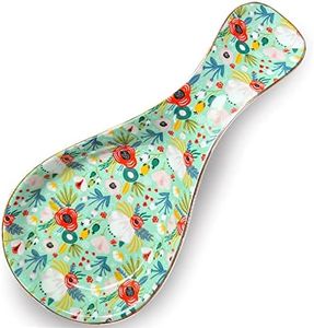 LEAZUL Ceramic Spoon Rest for Stove Top Large Spoon Holder Farmhouse Spoon Rest for Kitchen Counter Floral Coffee Spoon Rest Flowers Print Cooking Utensil Tools Rest Modern Farmhouse Kitchen Decor