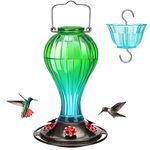 Kingsyard Glass Hummingbird Feeder 24 Ounces, 6 Feeding Ports, Hanging Bird Nectar Feeder for Outdoors Garden Yard Décor, Ant Moat Included, Green & Blue