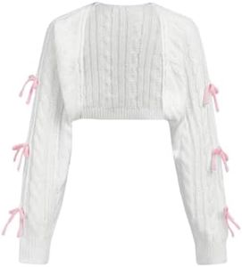 OYOANGLE Girl's Bowknot Long Sleeve Open Front Crop Cardigan Y2K Knit Bolero Shrug Sweaters White 10Y