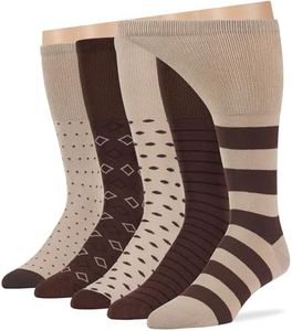 7BIGSTARS KINGDOM Men's Non-Binding Cotton Mid Calf Socks - 5 Pack Big Tall - Stripe Pattern - Sock Size 13-15 Shoe Size 12-15 XL Dark Brown, Brown, Beige, Light Beige