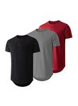 JMIERR Men's 3 Pack T Shirts Nice Cotton Athletic Fit Short Sleeve T-Shirts Curved Hem T Shirts Hipster Hip Hop Longline Shirt Crewneck Shirts, T Shirts for Man Pack, CA 43(L), Black/Dark Grey/Red