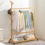 Lukzer Bamboo Coat Stand Rack with Bottom Shelves & 8 Side Hooks Clothes Display Hanging Rail Household Garment Hanger Storage Organizer Shelf (157x100x35cm)