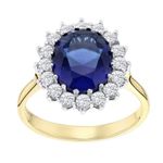 Old English Jewellers 9ct Yellow Gold on Silver Blue Sapphire Lady Diana Cluster Ring - sizes J - V (L)