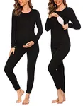 Ekouaer Nursing Pajama Set Long Sleeve Maternity Sleepwear Labor Delivery Pjs Breastfeeding Thermal Underwear Clothes, Black Solid, X-Large