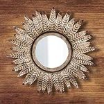 Macro Paul Antique Large Bronze Round Wall Mirror with Metal Feather Home Accessories Wall Mountable Vintage Rustic Style Make Up Mirror Bedroom Living Room Home Decor