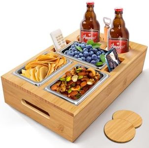 TFSZE Sofá Bar,Couch Bar Sofa Bandeja con Tapa Extraíble,Bandeja De bambú para Sofá,con 3 Cuencos De Acero Inoxidable Y Soporte para Botellas, con Caja De Aperitivos Extraíble