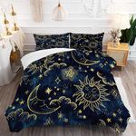 FUYEUN Celestial Comforter Set Queen Size Blue Gold Sun and Moon Boho Bedding for Kids Adult Women Teens Universe Galaxy Bohemian Exotic Gothic Quilt 1 Comforter + 2 Pillow Cases