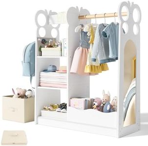 BlueWood Dress Up Storage Kids Wardrobe with Mirror, Toddler Princess Costume Closet with Hanging Rod, 3 Shelves & Storage Bins, Armoire Rack for Little Girls Ages 3-7, White Butterfly