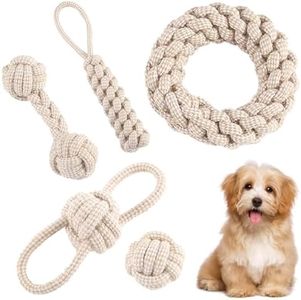 5-Piece Chew Dog Toy Set, Interactive Chew Toy Made of Natural Cotton, Dog Toy Rope with Knot Ball, for Small, Medium, Large Puppies, Cats, Pets, Dental Care, Beige Linen