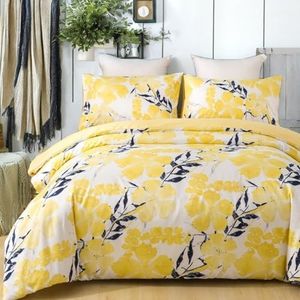 Tache Yellow Duvet Cover - Contemporary Watercolor Tropical Print Floral Light Bright Yellow Ivory Black Blue Soft Microfiber Zipper Closure Corner Ties Reversible Duvet Cover, California King