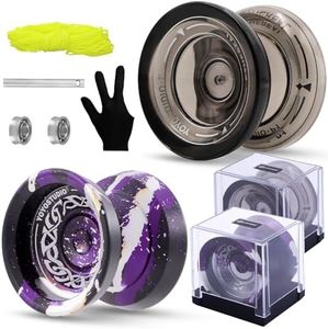 YOYOSTUDIO Responsive Yoyo for Kids 8-12, Professional Yoyo 2 Pack, Dual Mode Metal Yo Yo + Plastic Yoyos with 10 Yo-yo Strings, 2 Yoyos Case, Yo-Yo Accessory Kit (F25 Black Purple Silver + P1 Black)