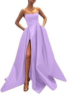 Ever-Beauty Womens Long Strapless Satin Prom Dress Sleeveless Slit Evening Ball Gown with Pockets, Lilac, 4