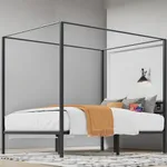 YITAHOME Queen Size Canopy Bed, Four Poster Platform Bed with Metal Slats Support, Metal Bed Frame with USB Charging Station, 12.4 inch Underbed Storage, No Box Spring Needed, Black