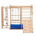 WoodandHearts Kids Climbing Frame - Climbing Gym for Toddlers Scandinavian Play Complex: Swedish Ladder, Baby Swing, Wooden Slide, Play mat in Blue-Beige Color, Indoor Play Area (Natural Wood Color)