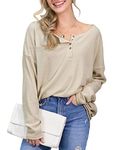 DOUBLJU Women's Waffle Knit Shirts V-Neck Henley Loose Fit Long Sleeve Tops with Plus Size, Natural, Medium