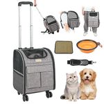 VEVOR Cat Carrier with Wheels, Rolling Pet Carrier with Telescopic Handle and Shoulder Strap, Dog Carrier with Wheels for Pets under 18 lbs, with 1 Folding Bowl, Grey