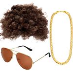 Gejoy Hippie Disco Costume Men Set Funky Afro Wig,Gold Celebrity Sunglasses Faux Gold Chain for 50/60/70s Party Accessories