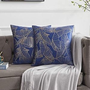 OMMATO Cushion Cover, 55 x 55 cm, Velvet Gold Leaves Cushion Covers, Decorative Cushion Cover for Sofa, Bedroom, Living Room, Royal Blue, Set of 2