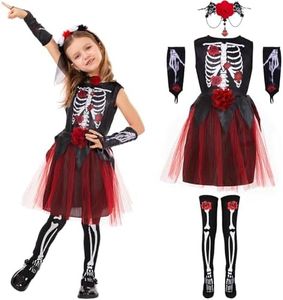 Ulikey Costume Scheletro Bambino, Vestito Scheletro Ragazze Halloween Costume Scheletro Ragazze con Guanti Scheletro, Collana in Pizzo Rosa y Calzini Scheletrici per Halloween, Carnevale (M)