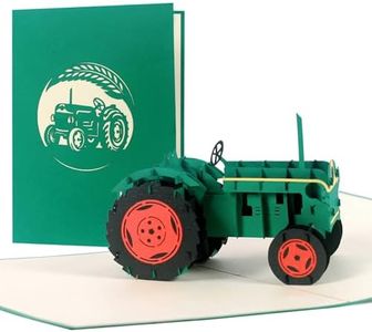 Tarjeta cumpleaños con tractor desplegable. Cheque regalo pop up para un viaje o vacaciones rurales en el campo, tarjetas felicitacion y regalos originales 3d, T18