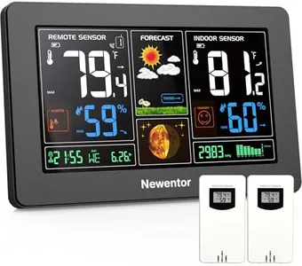Newentor Weather Station Wireless Indoor Outdoor Thermometer, Color Display Digital Weather Thermometer with Atomic Clock, Barometric Pressure, Forecast Station with Adjustable Backlight,Black,2Sensor