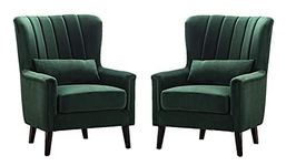 CROWN FURNITURE ART Wing Chair for Living Room Bedroom High Back Arm Chair Chesterfield Armchair/Stool/Relaxing Chair (Set of 2 Emerald Green)