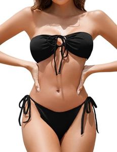 Women Bandeau Bikini Sets Ribbed Strapless Two Piece Swimsuit Tie Side Cheeky Bathing Suits, Black, Large