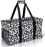 Lucazzi Extra Large Utility Tote Bag - Oversized Collapsible Reusable Wire Frame Rectangular Canvas Basket With Two Exterior Pockets For Beach, Pool, Laundry, Car Trunk, Storage - Damask Black