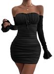 Zesoyne Women Off The Shoulder Ruched Bodycon Mini Dress Flounce Long Sleeve Tie Front Short Club Dresses Medium Black