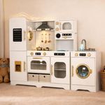 Kiddokidz Interactive Wooden Play Kitchen for Kids, Extra-Large Indoor Toy Kitchen Set with Storage, Running Water Sink, Light & Sound Range Hood, Ice Maker & Washing Machine, Nordic White