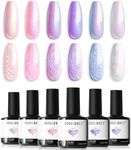 Modelones Gel Nail Polish, 6 Colors Shimmer Pearl White Pink Purple Mermaid Nail Drawing Glitter Gel Polish with Dotting Pen Soak Off Led Nail Gel Polish Swirl Shell Thread Effect DIY Mani Gift