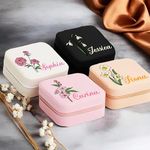 PSPCBS Custom Leather Jewelry Box with Name & Birth Flower Month - Personalized Birthday Gift for Women, Mom,Bridesmaids, Travel Case,Custom Gift for Valentine's Day, Mother's Day (White)