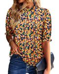 BETTE BOUTIK Women's Boho Tops Floral Mock Neck Ruffle Short Sleeve Summer Business Blouse Shirts Floral Royal Blue Large