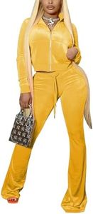 Chatinction Women's Two Piece Tracksuit Outfit Velvet Full Zip Crop Tops Drawstring Bell Bottom Trousers Jogging Suits Yellow S